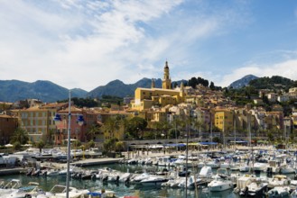 Town with colourful houses by the sea, Menton, Alpes Maritimes, Provence Alpes Cote d'Azur, French