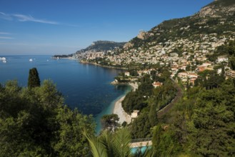 View of Roquebrune and Monaco, Plage du Golfe Bleu, Alpes Maritimes, Provence Alpes Cote d'Azur,