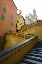 Town with colourful houses by the sea, Menton, Alpes Maritimes, Provence Alpes Cote d'Azur, French