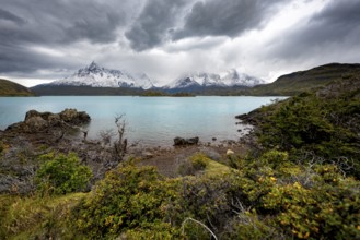 Cloudy mountain range Cuernos del Paine, shore of the blue lake Lago Pehoe in the evening light,
