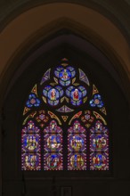 Interior view, stained glass window, coloured church windows, Cathédrale Notre-Dame de Bayeux,