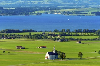 View from Neuschwanstein Castle to the pilgrimage church of St Coloman, Forggensee, Schwangau,