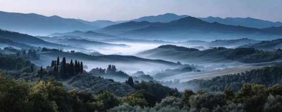 Beautiful foggy landscape in Tuscany, Italy, AI generated