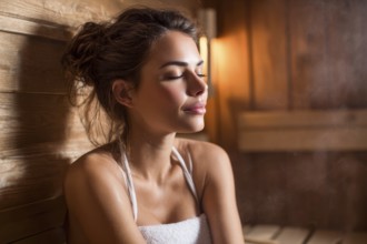 Beautiful lady relaxing in hot steamy sauna. Concept of relaxation in beauty spa, AI generated