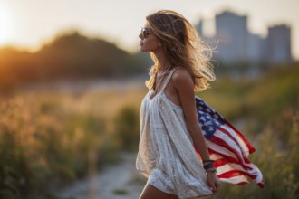 Beautiful attractive patriotic young woman with the American flag held in her standing in the