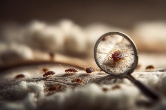 Bed bugs and dust mites concept with the magnifying glass. Allergy and old linen that contains