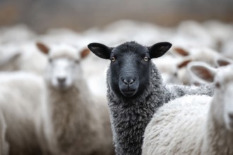 Black sheep sticking among white sheep. Black sheep in the family. Concept of a different person or