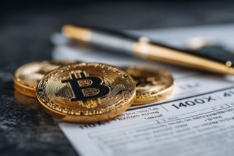 Bitcoin tax or cryptocurrency concept with US tax form 1040 IRS form in Individual Income Tax