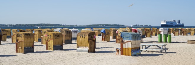 Beach chairs on sandy beach, ferry boat, Laboe, Baltic seaside resort, fjord, Baltic Sea, North
