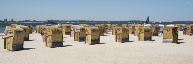 Beach chairs on the sandy beach, Laboe, Baltic seaside resort, fjord, Baltic Sea, North Frisia,