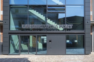Lensing Media Port, glass facade, Speicherstraße, harbour, Dortmund, Ruhr area, North