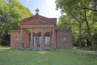 Carolinensaal built in 1763, building with columns and cross, Alter cemetery, Pirmasens,