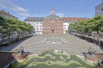 Old town hall built in 1771 and castle fountain by Gernot Rumpf 1984 with two swan figures, bronze