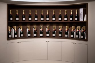 Various bottle sizes of Champagne Impérial Brut, logo, lettering, showroom, reception hall,