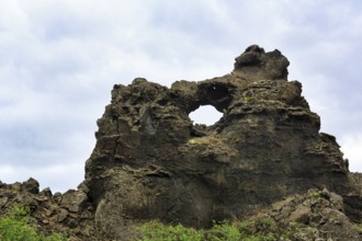 Dimmuborgir, bizarrely shaped rock formation, rock arch in the lava field, Krafla volcano system,