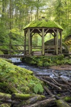 The Moosalb stream and the pavilion in the forest in the Karlstal gorge. Long exposure. Karlstal