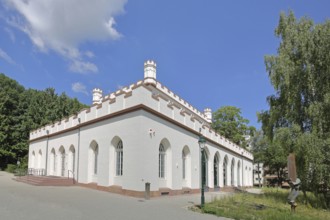 Gothic house with battlements and corner turrets, neo-Gothic, white, museum, Dornholzhausen, Bad