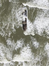 The Zeila shipwreck at the Skeleton Coast. Aerial view. Drone shot. Dorob National Park, Namibia