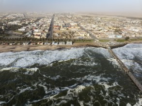 The coastal town of Swakopmund between Namib Desert and Atlantic Ocean. Aerial view. Namibia