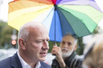 Kai Wegner (Governing Mayor of Berlin) gives interviews after raising the rainbow flag for Pride