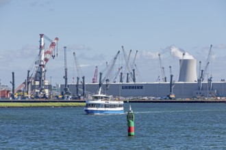 Excursion boat, overseas harbour, Liebherr-MCCtec, heavy-duty crane TCC 78000, Warnow, Warnemünde,