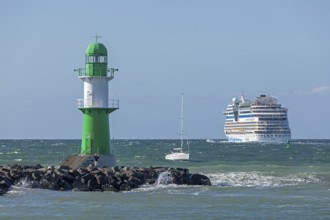 Cruise ship AIDA nova leaving, lighthouse, Warnow estuary, Baltic Sea, Warnemünde, Rostock,