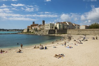 Beach and old town, Plage de la Gravette, Antibes, Provence Alpes Côte d'Azur, South of France,