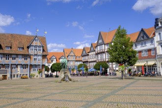 Town market, market square with town hall and monument to Duke August the Younger, Wolfenbüttel,