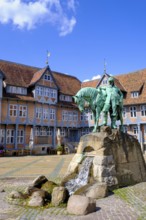 Town market, market square with town hall and monument to Duke August the Younger, Wolfenbüttel,