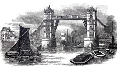 The Tower Bridge over the Thames in London, around 1850, England, digitally enhanced reproduction