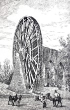 Water scoop wheel, Noria, on the Orontes in Hama in Syria, digitally enhanced reproduction of a