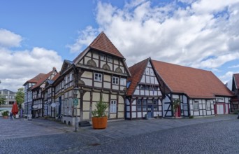 Half-timbered houses on the market square in the historic old town of Nienburg an der Weser.