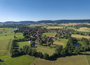 Landscape around the Weser lowlands near Großenwieden, aerial view. Hessisch Oldendorf, Lower