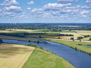 The Weser, a federal waterway, and the lock canal near Verden. Aerial view. Verden, Lower Saxony,