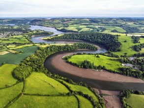 Farms and Fields over River Dart from a drone, Stoke Gabriel, Totnes, Devon, England, United