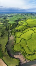 Panorama of Farms and Fields over River Dart from a drone, Stoke Gabriel, Totnes, Devon, England,