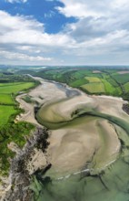 Panorama of Farms and fields over River Emme from a drone, Mothecombe, South Devon, England, United