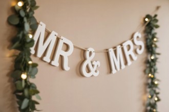 Close up of Mr & Mrs wedding garland. Romantic wedding decoration detail. Generative ai, AI