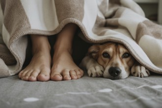 Human feet and dog peeking from under same blanket. Cozy moment of human-animal comfort at home.