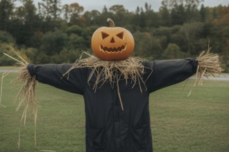 Scarecrow with pumpkin head with carved Halloween face and black jacket. Generative ai, AI