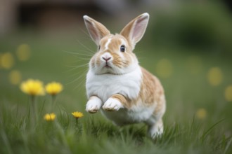 Cute bunny jumping toward camera through green grass. Playful and energetic wildlife moment in