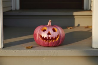 Pink spray-painted Halloween pumpkin with carved face on front porch. Unconventional seasonal