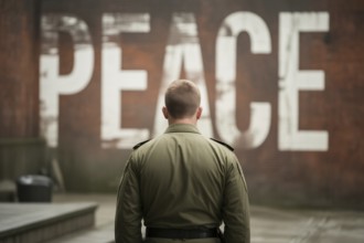 Soldier facing the word Peace painted on a brick wall. Visual metaphor for inner conflict and hope