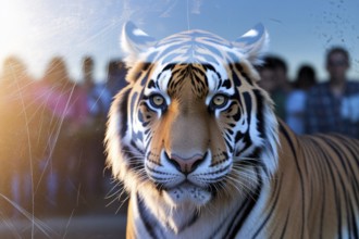 Close-up of a tiger behind scratched glass with reflections of zoo visitors watching. Intense