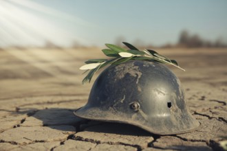 Military helmet with olive branch on cracked earth. Symbolic image of peace emerging from the scars