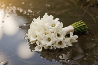 White wedding bouquet submerged in puddle. Evocative image symbolizes lost love and the quiet