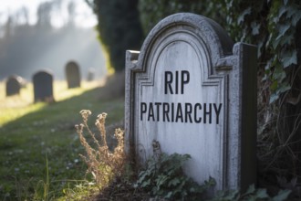 Gravestone engraved with RIP Patriarchy. Concept for feminism and social change. Generative ai, AI