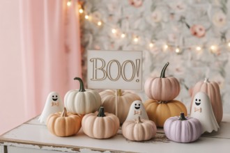 Pastel Halloween decoration with cute ghosts and decorative pumpkins. Whimsical and modern feminine