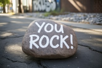 Close-up of a smooth rock on cracked concrete with You rock! handwritten in white chalk. Uplifting
