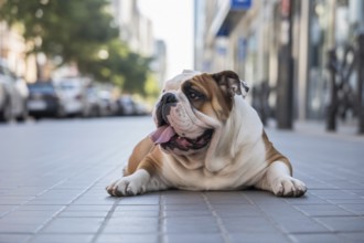 English bulldog lying on pedestrian walk, panting heavily in summer heat. Concept of overheating